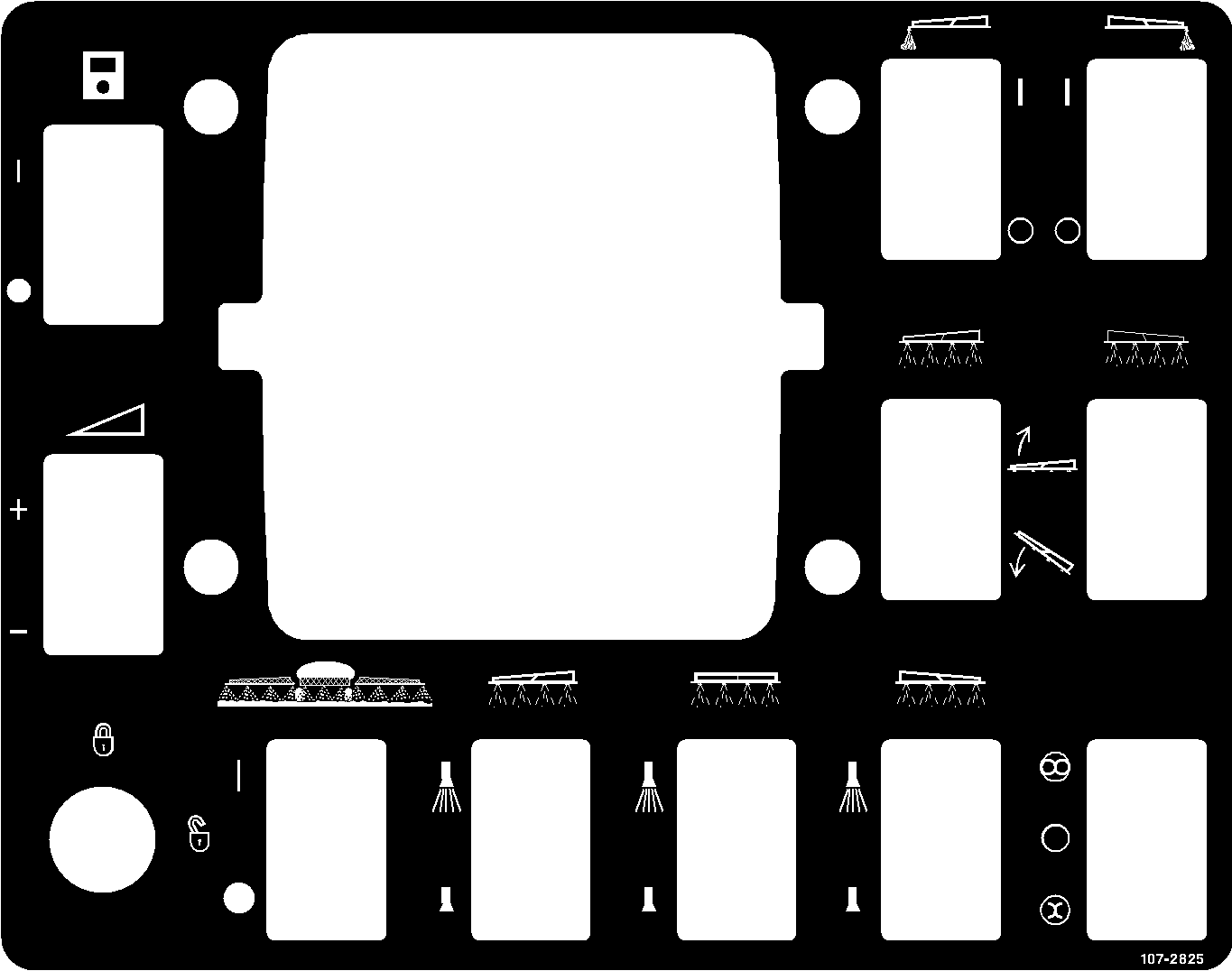 Laitteen yleiskatsaus Kuva 32 1. Virtakytkin, Spray Pro 4. Ruiskutusmäärän 7. Keskipuomin kytkin 10. Oikean puomin nostokytkin -monitori lukituskytkin 2. Spray Pro -monitori 5. Puomien pääkytkin 8.