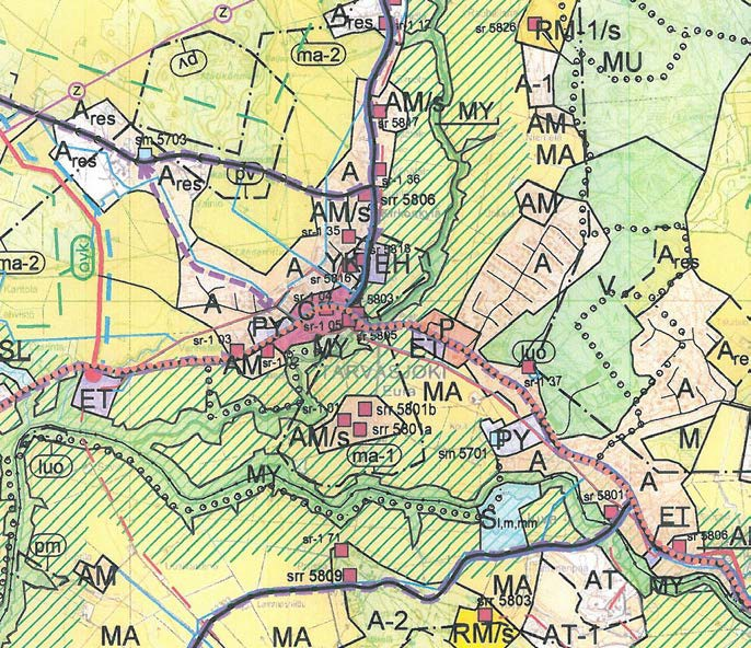 Ympäröivät alueet on merkitty pientalovaltaiseksi asuntoalueeksi (AP) ja lähivirkistysalueeksi (VL) sekä maa- ja metsätalousalueeksi (MT).