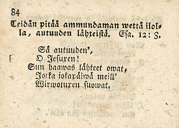 Teidän pitää ammundaman wettä ilol«la, autuuden lähteistä. Esa. 12: 3.