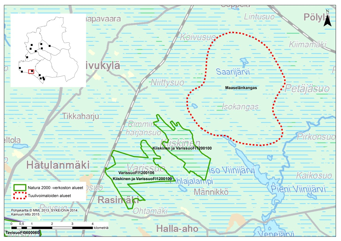 Kuva 7. Tuulivoimaloiden alueen sijainti ja suhde Natura 2000 -verkoston alueisiin. 3.6.