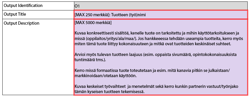 G. Intellectual outputs (1/2) Täytetään vain, jos hanke kehittää laajempia