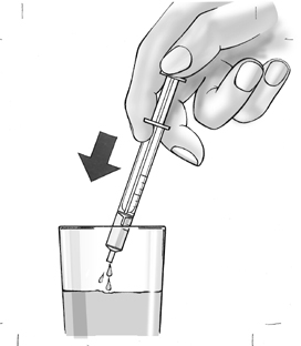 8. Paina lääke ulos ruiskusta lasiin, jossa on pieni määrä nestettä, mieluiten appelsiini- tai omenamehua. Varmista että ruisku ei kosketa lasissa olevaa nestettä.