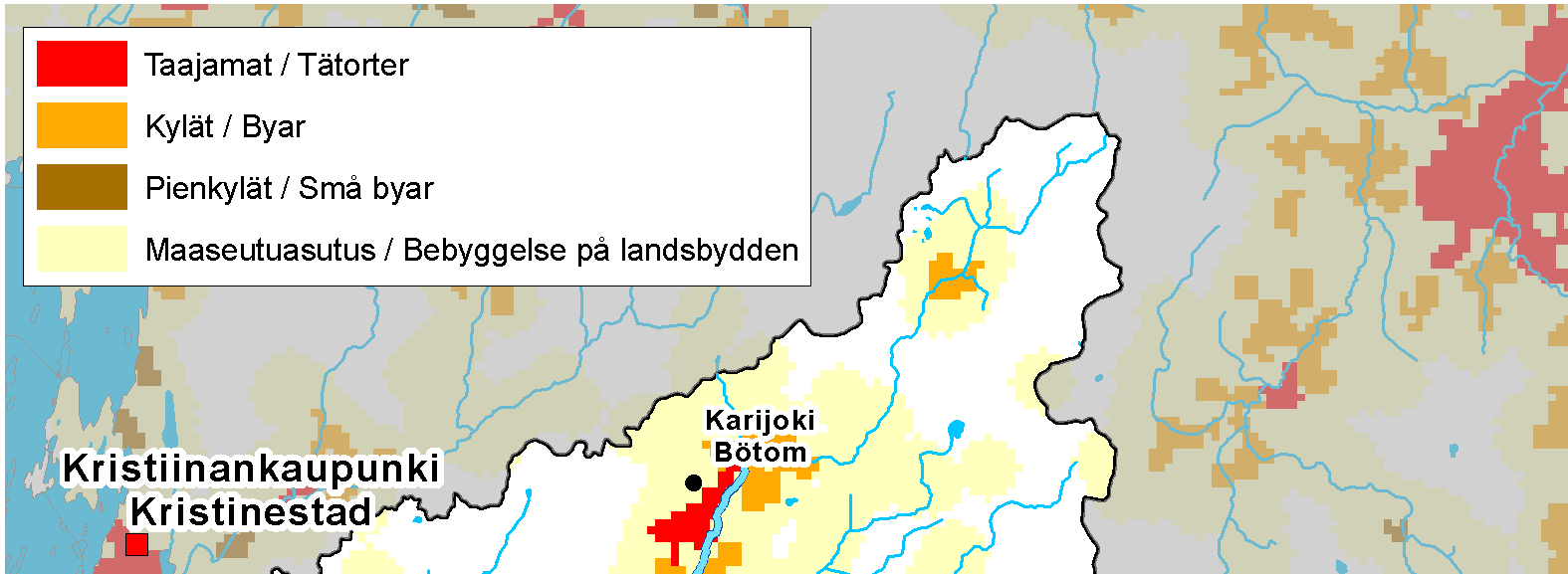 SYKE, Etelä-Pohjanmaan ELY-keskus 2011; VTJ/VRK 4/2008 Kuva 10. Yhdyskuntarakenne Lapväärtin-Isojoen vesistöalueella (2011).
