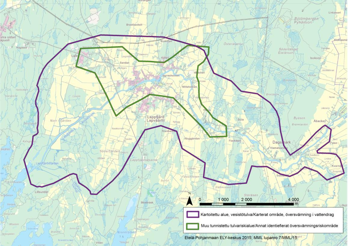 Lapväärtin-Isojoen vesistöalueella on tulvavaara- ja tulvariskikartoitettu yhtäjaksoinen alue Lapväärtinjoen suistosta Dagsmarkiin (Kuva 33).