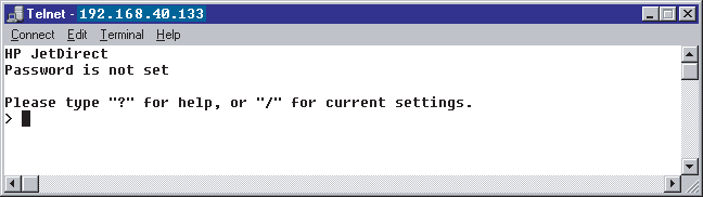 Yhteys HP Jetdirect -tulostuspalvelimeen tulee näyttöön. Jos palvelin vastaa connected to IP address, alusta Telnet-yhteys painamalla kahdesti Enter-painiketta. 3.