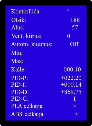 Lae malust lae mälust varem salvestatud parameetrid Taasta vaikevaartused taasta seadme Firmware vaikimisi parameetrid Temperatuur menüü Temperatuuri parameetrid sõltuvad materjalist ning vastavalt