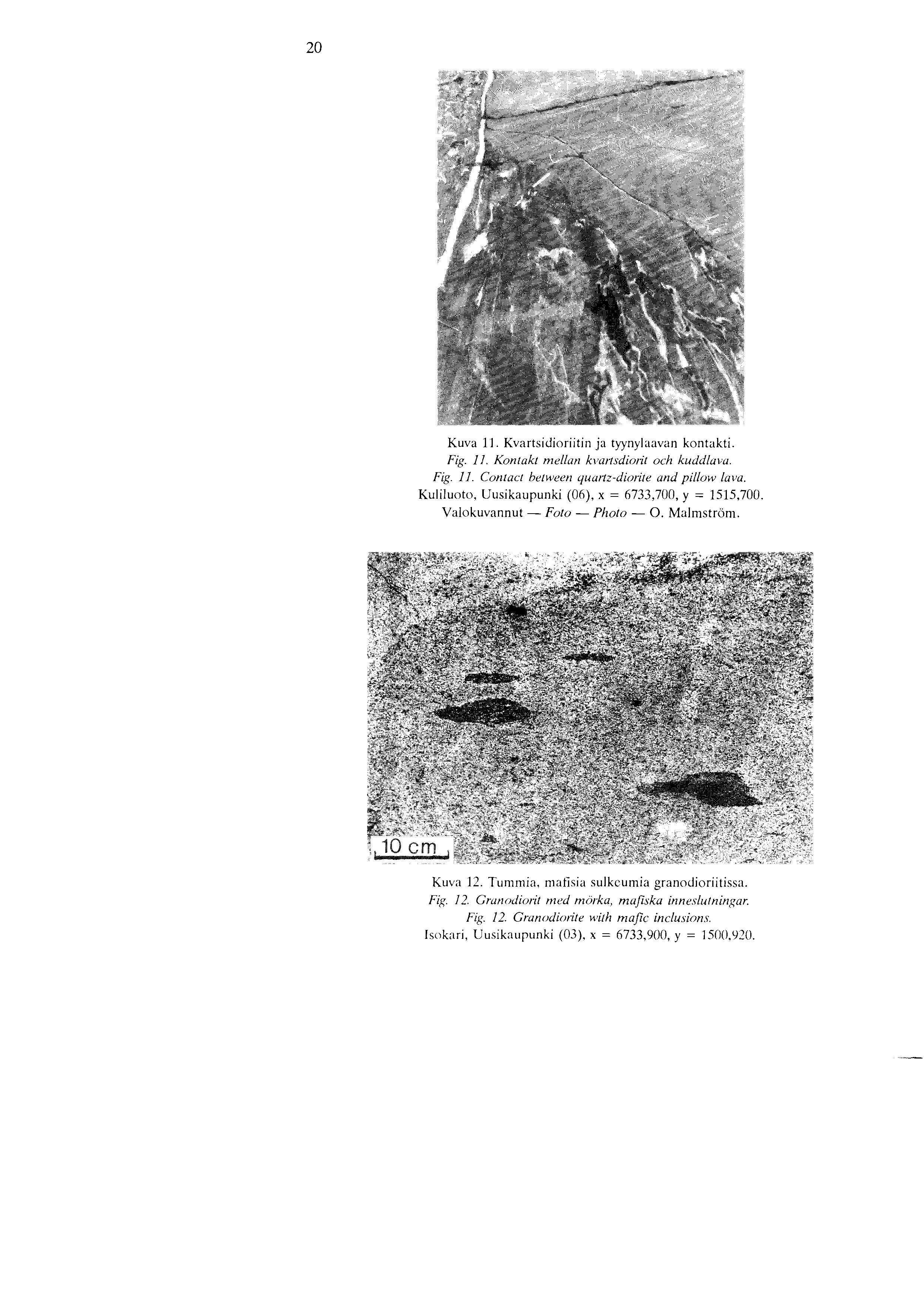 20 Kuva 11. Kvartsidioriitin ja tyynylaavan kontakti. Fig. 11. Kontaki mellan kvartsdioiit och kuddlava. Fig. 11. Contact between quartz-diorite and pillow lava.