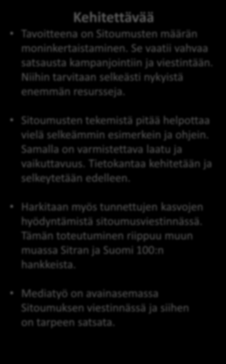 Niihin tarvitaan selkeästi nykyistä enemmän resursseja. Sitoumusten tekemistä pitää helpottaa vielä selkeämmin esimerkein ja ohjein.