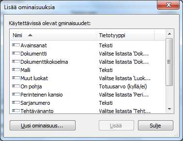 Dokumenttiluokan ominaisuuksien