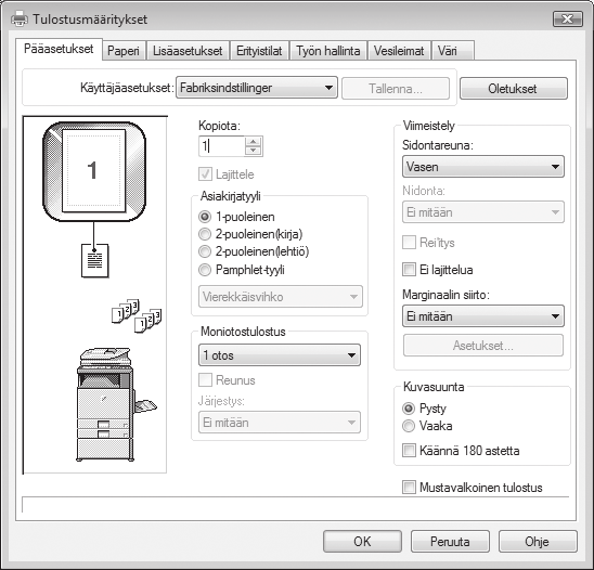 Windows 2000-käyttöjärjestelmässä [Määritykset]-painike ei tule näkyviin. Napsauta jokaista välilehteä "Tulosta"-dialogiruudussa säätääksesi kunkin välilehden asetukset. Windows 98/Me/NT 4.