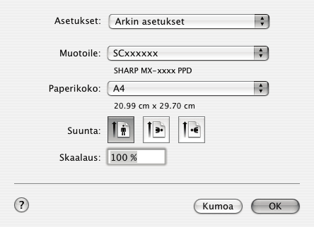 ASENNUS MACINTOSH-KÄYTTÖYMPÄRISTÖSSÄ". Paperikoon asettaminen Valitse tulostinohjaimen paperiasetukset ennen tulostuskomennon valitsemista. Avaa arkin asetusikkuna TextEdit-ohjelmassa.