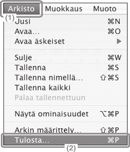 Tiedoston tulostaminen Tulosta TextEdit-ohjelmasta. () Avaa [Arkisto]-valikko. (2) Valitse [Tulosta]. Mac OS 9 -käyttöjärjestelmässä valitse SimpleTextin [Arkisto]-valikosta [Tulosta].