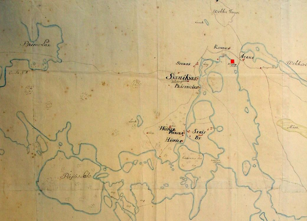 Kuva 2. Kartta vuodelta 1749. Inventointialueen sijainti merkitty suuntaa antavasti punaisella neliöllä. Kartta verkkosivulta http://www.vanhakartta.fi/ 3 INVENTOINTI 3.