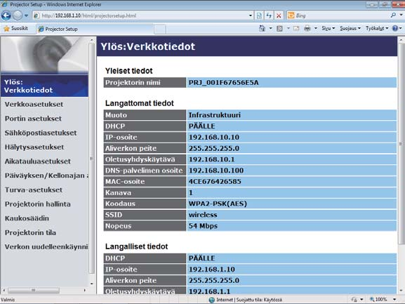 3.1 Projektorin web-ohjaus (jatkuu) 3.1.2 Verkkotiedot Näyttää projektorin sen hetkiset verkon kofigurointiasetukset.