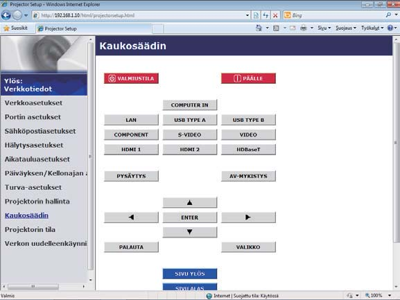 3.1 Projektorin web-ohjaus (jatkuu) 3.1.11 Kaukosäädin Niputetun kaukosäätimen toiminnot valitaan Web-kaukosäädin-näytöstä.