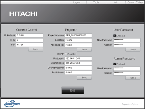 3.2 Crestron e-control (jatkuu) 3.2.2 Tools-ikkuna 2 1 4 3 5 Konfiguroi projektorin ja Crestron -hallintajärjestelmän väliset asetukset. Napsauta [Exit]-painiketta palataksesi Main-ikkunaan. HUOM!