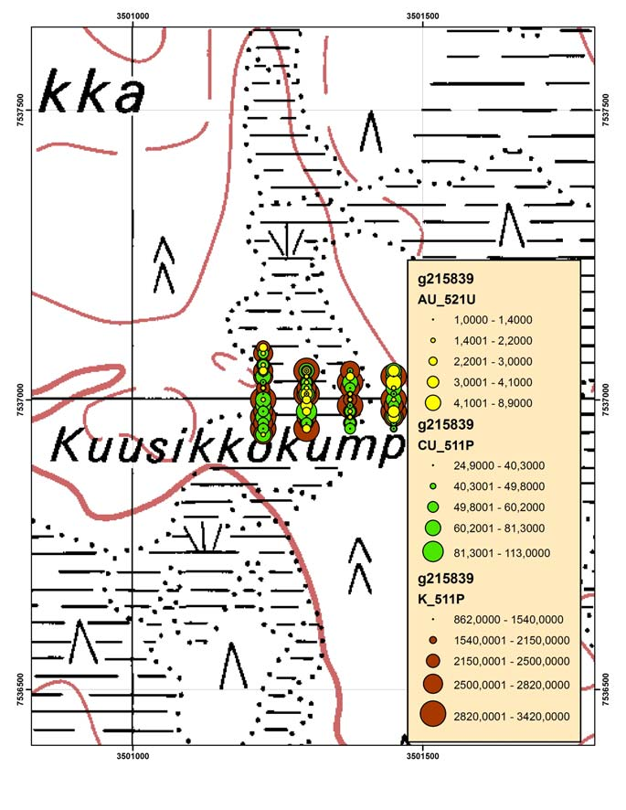 9 Kuva 8. Moreenin <0,5 mm fraktion Au-, Cu- ja K-pitoisuudet. (Pohjakartta Maanmittauslaitos, lupa nro 13/MYY/08) Fig. 8. Concentrations of Au, Cu and K in the fraction <0.5 mm of till target.