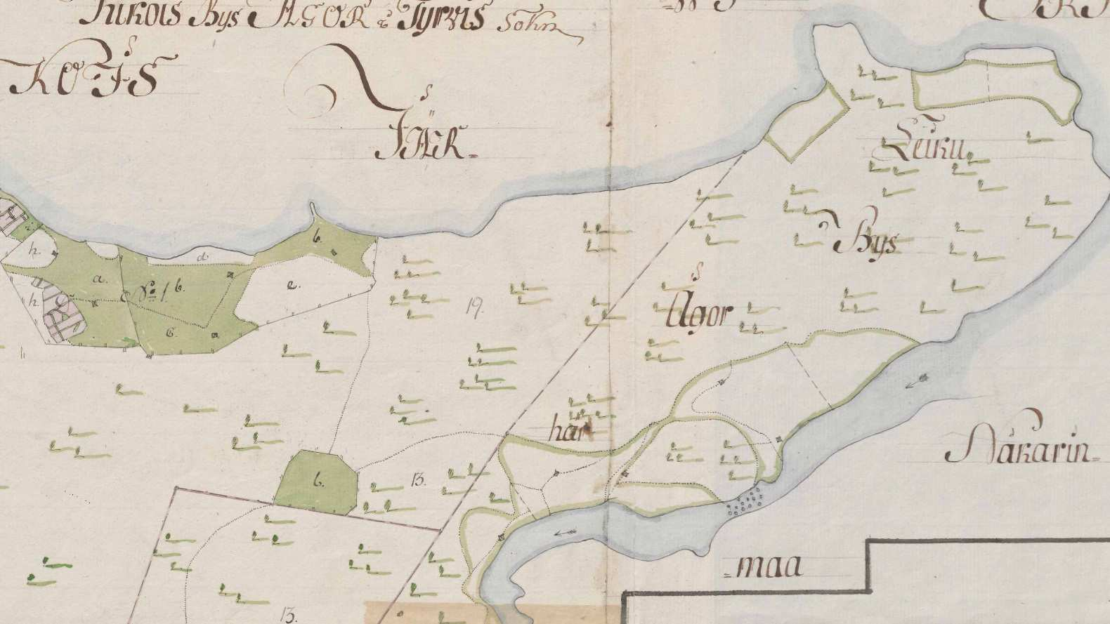 Ote isojakokartasta (Limon & Tesslair 1780, 1796), johon Murajannokan rajamerkki on merkitty
