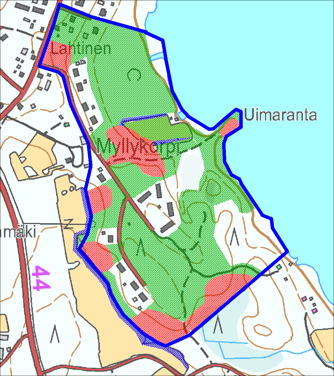 Kuva 2. Kaava-alueen raja merkitty karttaan sinisellä viivalla, silmämääräisesti tarkastetut alueet vihreällä rasterilla.