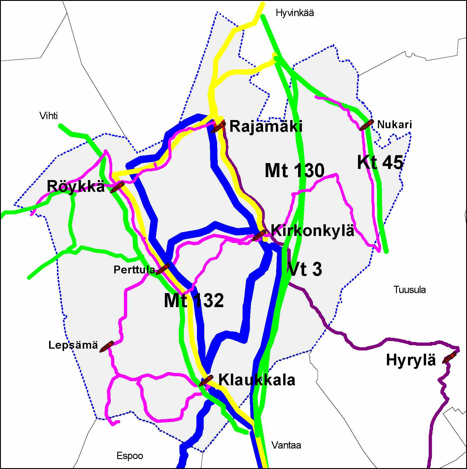 18 Nurmijärven päätaajamista Helsinkiin Seudulliset liikenteet tiesuunnittain (Vt3, Kt45, Mt130, Mt132) Nurmijärveltä Hyvinkäälle Hyrylän kautta Helsinkiin