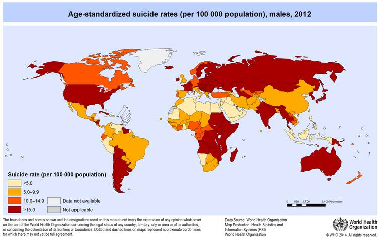 3 KUVA 1. Miesten itsemurhakuolleisuus maailmalla 2012 (WHO 2014) Itsemurhien määrä Suomessa on kääntynyt hieman laskuun.