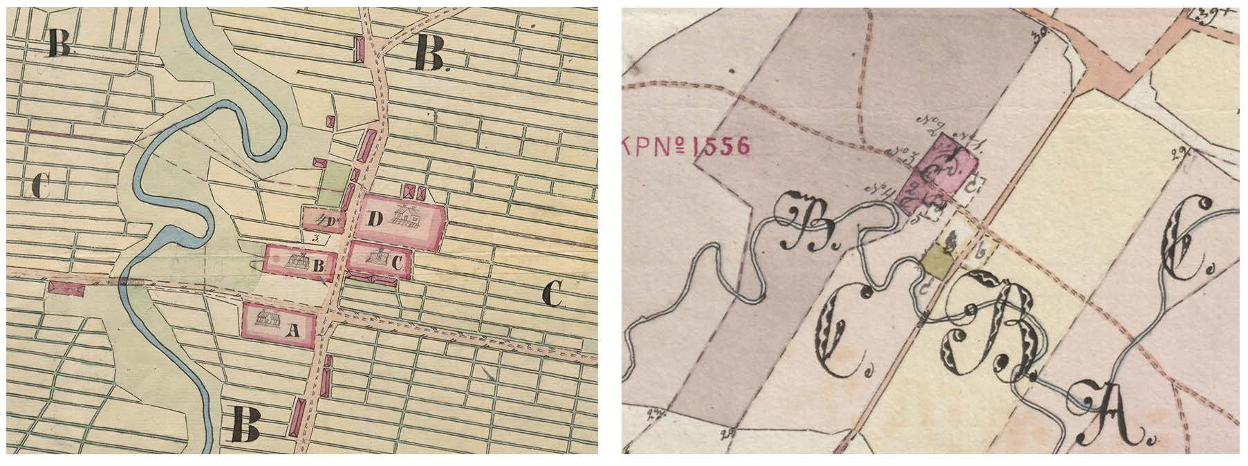 24 Kuvat 14 ja 15. Vasemmalla isojakoon liittyvässä kartassa vuodelta 1794 on kuvattu Vähäperän kylä 1700-luvun lopun muodossaan: A) Tohna, B) Hakkinen, C) Soro ja D) Pytty.