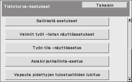 Voit käyttää tätä asetusta Listatulostus pois käytöstä 16 poistamaan käytöstä tietyt toiminnot Muut paitsi pidettävät tulostustyöt 17 ja estämään arkaluontoisten pois käytöstä asiakirjatietojen