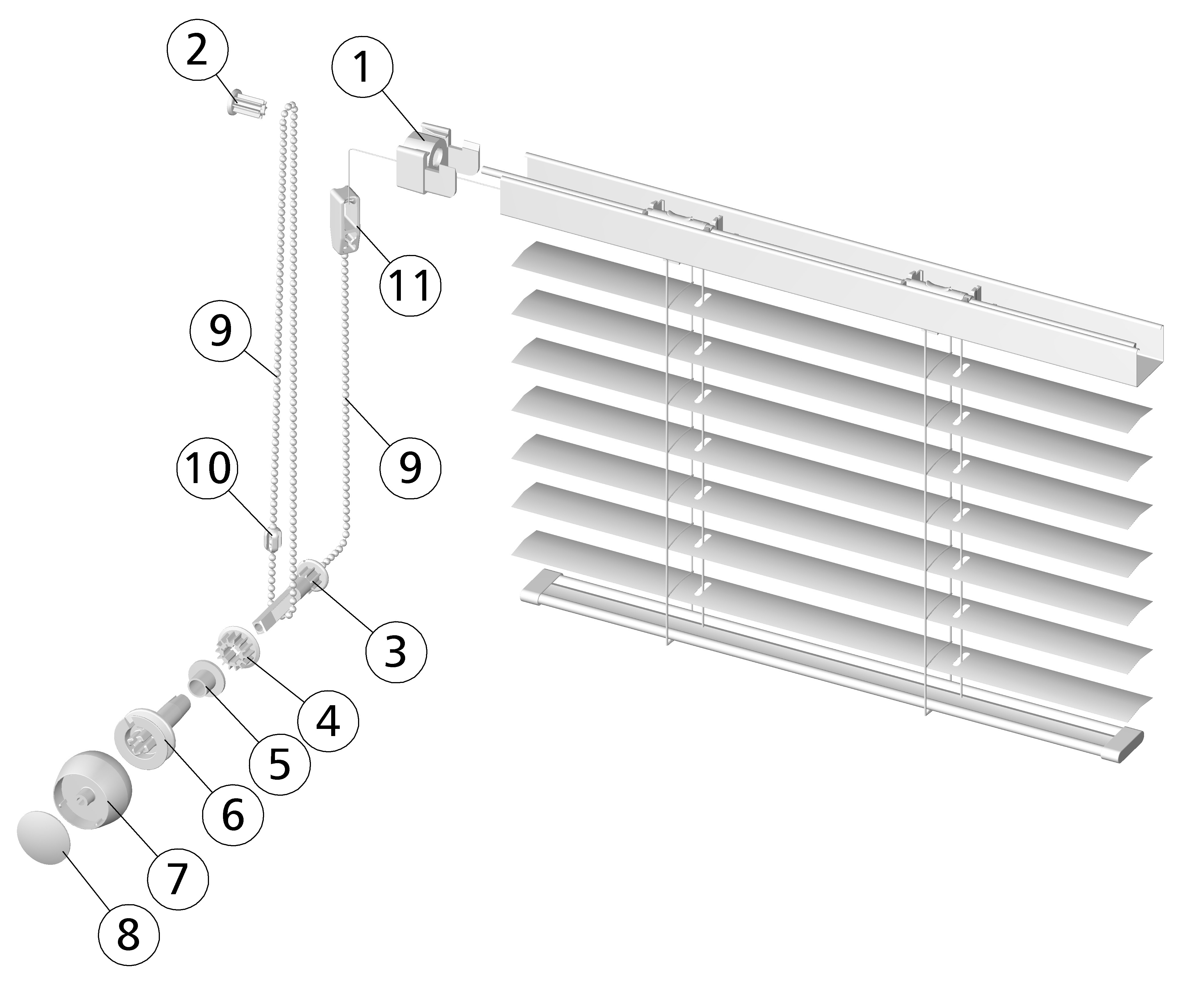 Venetian blind 25 mm, integrated contol mechanism/ Sälekaihdin 25 mm, integroitu säätömekanismi Integrated venetian blind control, cord. Integroitu sälekaihtimen säädin, naruohjaus.