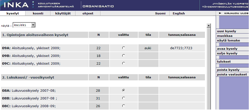 5. Kyselyjen toteutus 5.1 Kyselyn luominen Uuden kyselyn toteutus alkaa perusnäkymästä eli kyselyt -kohdasta, jossa klikataan toimintoa uusi kysely.