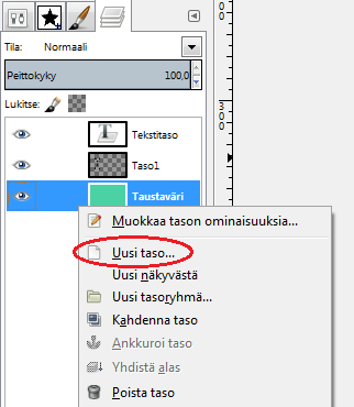 Painamalla tason päällä hiiren oikeanpuoleista näppäintä, voit poistaa tason, luoda uuden tason tai yhdistää tasoja.