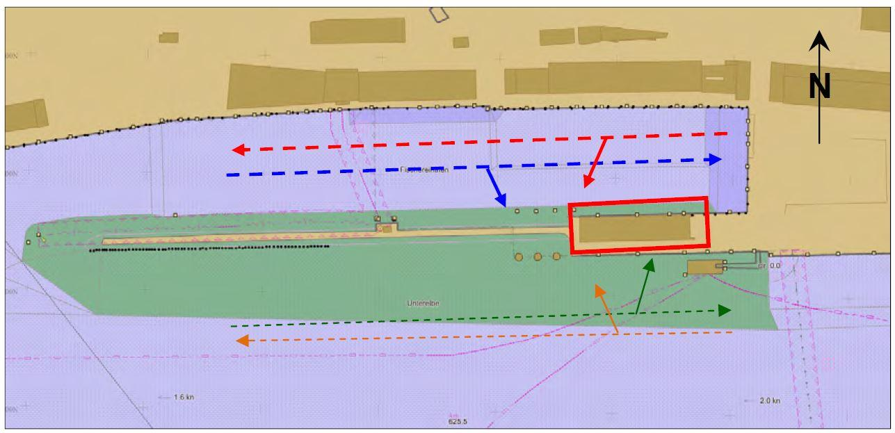 30 Kuva 22. Yleiskuva Docklandin mittaustilanteesta. Rakennuksen pohjois- ja eteläpuolelle ajettiin kaksi mittauslinjaa, jolloin keilain oli käännettynä eri suuntiin.