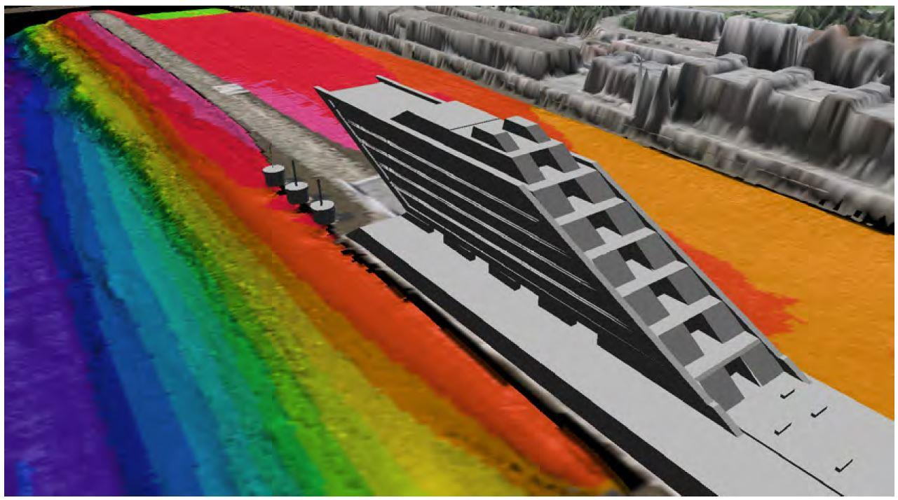 32 Lopullinen 3D-malli sisältää eri aineistot yhdistettynä (kuva 25). Tämän kaltaisen satamamallin käyttötarkoitus voi olla monenlainen.