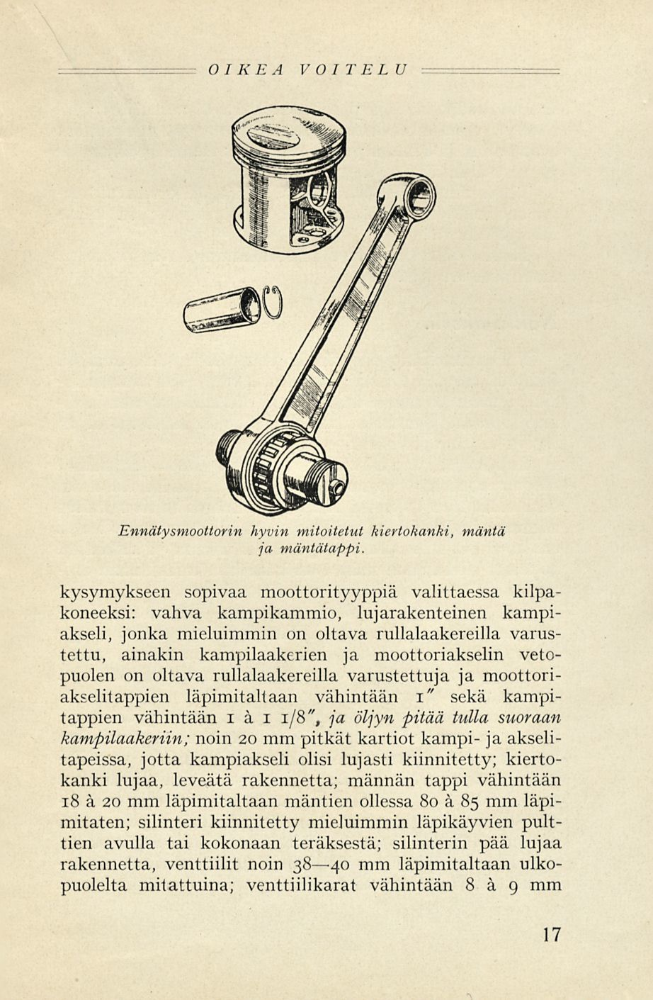 OIKEA VOITELU Ennätysmoottorin hyvin mitoitetut kiertokanki, mäntä ja mäntätappi.