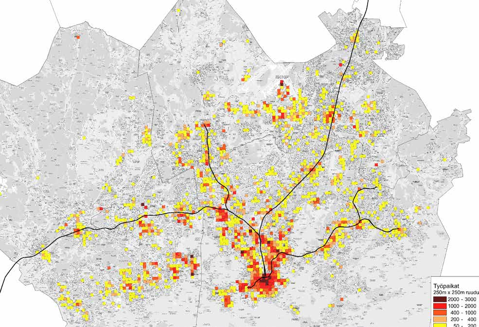 Kuvassa on esitelty pääkaupunkiseudun kuntien työpaikkamäärä 250m x 250m ruutujaolla. Kuvasta havaitaan työpaikkojen selkeä keskittyminen Helsingin keskustan alueelle.