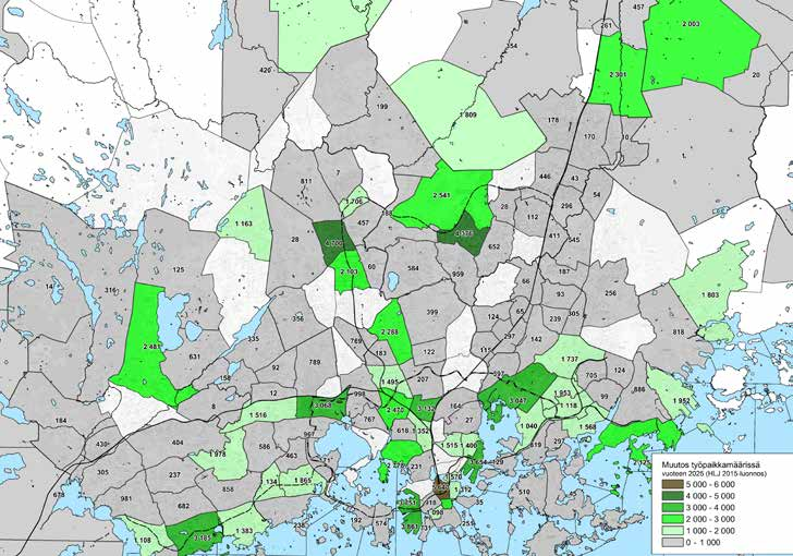 Pääkaupunkiseudulle arvioidaan tulevat vuoteen 2025 mennessä yhteensä 11 000 uutta työpaikkaa vuodessa (HLJ 2015 luonnos) ja viereisen sivun kuvasta nähdään seudun uusien työpaikkojen keskittyvän