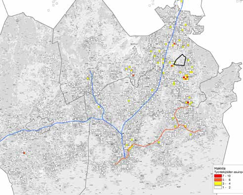 Hakkila Asukasmäärä: Työpaikkamäärä: Rakennuskanta: K-m² / työpaikka: 26 2 154 310 443 k-m² 144 Kohteeseen suuntautuvien työmatkojen kulkutavat Kulkutapa