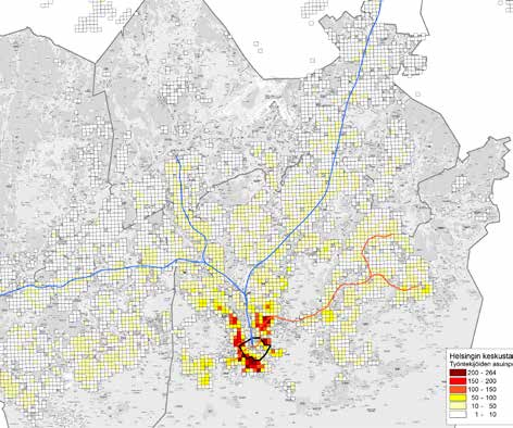 Helsingin keskusta Asukasmäärä: 9 214 Työpaikkamäärä: 67 449 Rakennuskanta: 3 737 939 k-m 2 K-m² / työpaikka: 49 Kohteeseen suuntautuvien työmatkojen