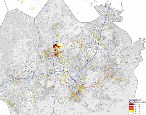 Vantaankoski Asukasmäärä: 3 104 Työpaikkamäärä: 3 564 Rakennuskanta: 152 157 k-m 2 K-m² / työpaikka: 42 Kohteeseen suuntautuvien työmatkojen kulkutavat Kulkutapa ( * N = 48 Henkilöhaastattelut