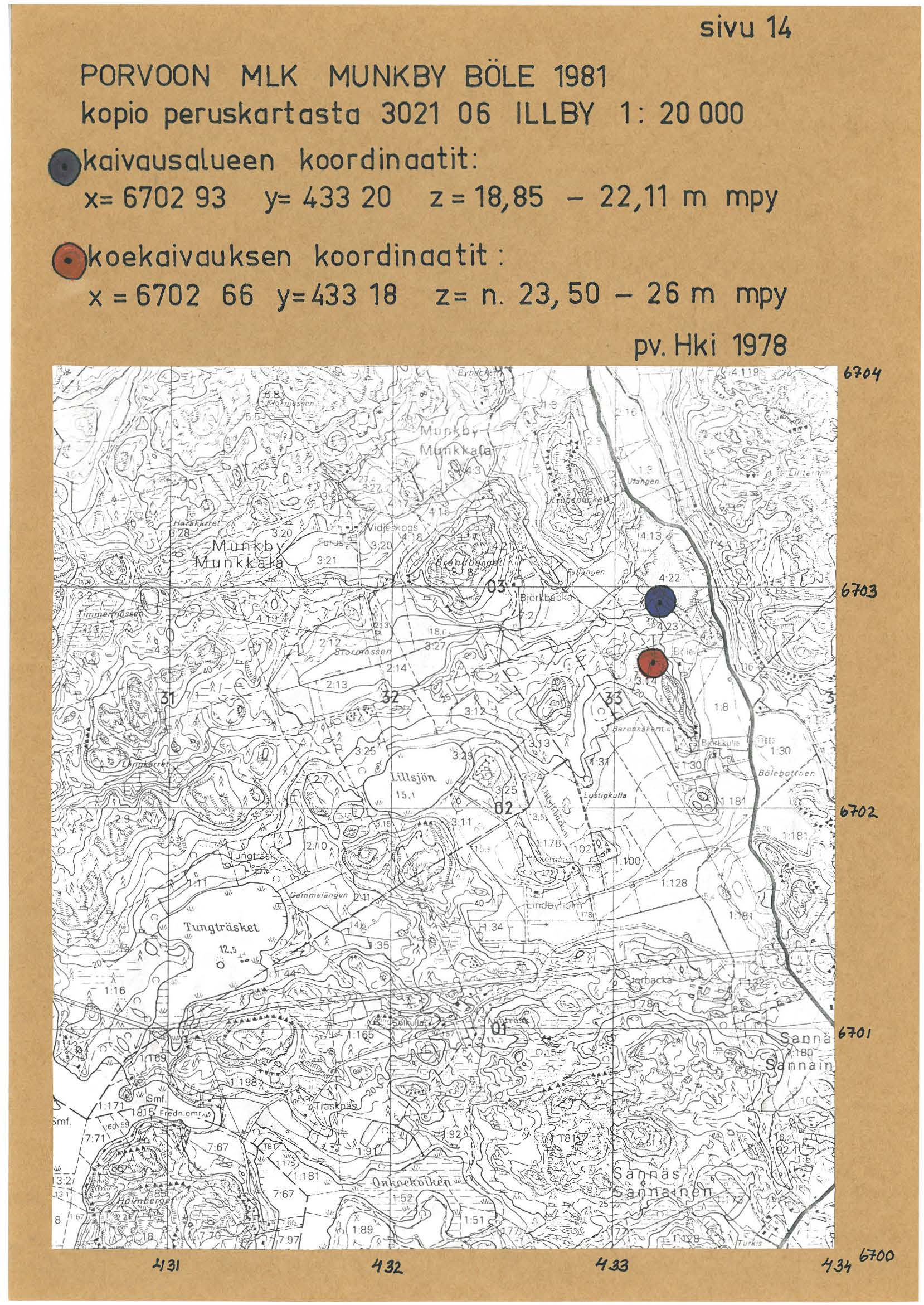 sivu 14 PORVOON MLK MUNKBY BÖLE 1981 kopio peruskartasta 301 06 ILLBY 1: 0 000 ekaivousalueen koord in aatit: x= 670 93 y: 433 0 z = 18,85