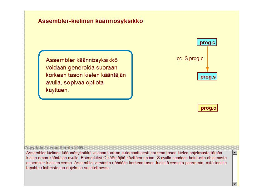 Assembler-kielinen käännösyksikkö 1 prog.c 1 Assembler käännösyksikkö voidaan generoida suoraan korkean tason kielen kääntäjän avulla, sopivaa optiota käyttäen. cc -S prog.c 1 prog.s 1 1 prog.