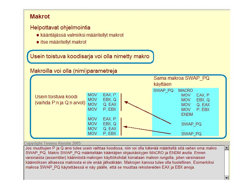 Makrot Helpottavat ohjelmointia kääntäjässä valmiiksi määritellyt makrot itse määritellyt makrot Usein toistuva koodisarja voi olla nimetty makro Makroilla voi olla (nimi)parametreja Usem to1 stuva