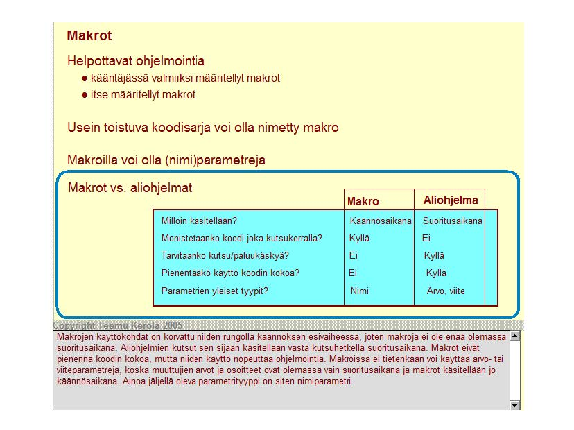 Makrot Helpottavat ohjelmointia kääntäjässä valmiiksi määritellyt makrot itse määritellyt makrot Usein toistuva koodisarja voi olla nimetty makro Makroilla voi olla (nimi)parametreja Makrot vs.