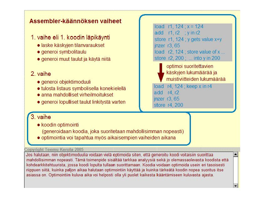 Assembler-käännöksen vaiheet 1. vaihe eli 1. koodin läpikäynti laske käskyjen tilanvaraukset generoi symbolitaulu generoi muut taulut ja käytä niitä 2.