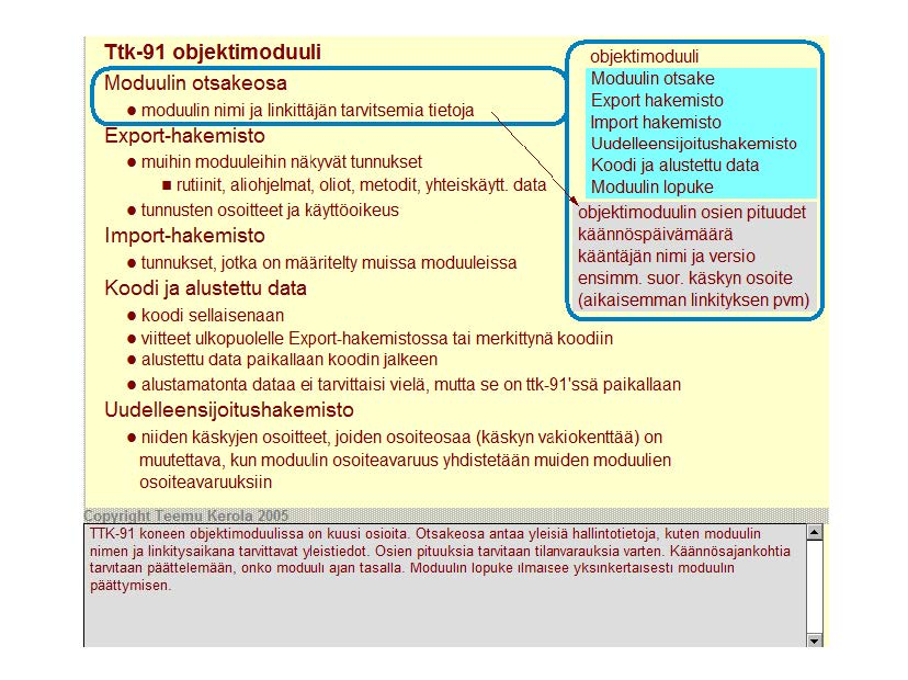 Ttk-91 objektimoduuli Moduulin otsakeosa moduuli n nimi ja Ii nkittäjän tarvitsemia tiet oja Export-hakemisto muihin moduulei hi n näkyvät tunnukset "" rutiinit, aliohjelmat, oliot, metodit,