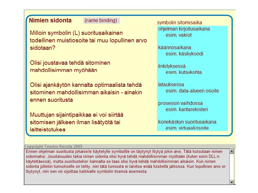 Nimien sidonta (rame binding) Milloin symbolin (L) suoritusaikainen todellinen muistiosoite tai muu lopullinen arvo sidotaan?