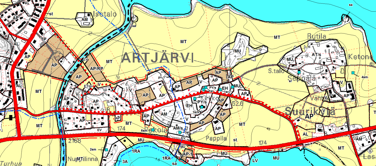 Kaavamuutoksella suunnitellut uudet asuntoalueet (AP, AP-1, AP/RP) on osoitettu oheisessa kuvassa ruskealla.