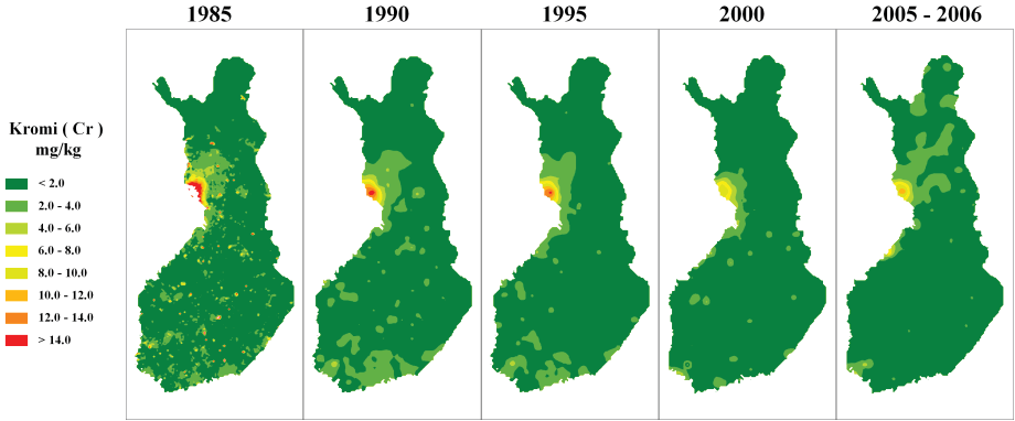 66 västi. Kemi Tornio seudulla ja siitä pohjoiseen kromipitoisuudet ovat kuitenkin edelleen selvästi korkeimmat maassamme (kuva 9-1). Kuva 9-1.