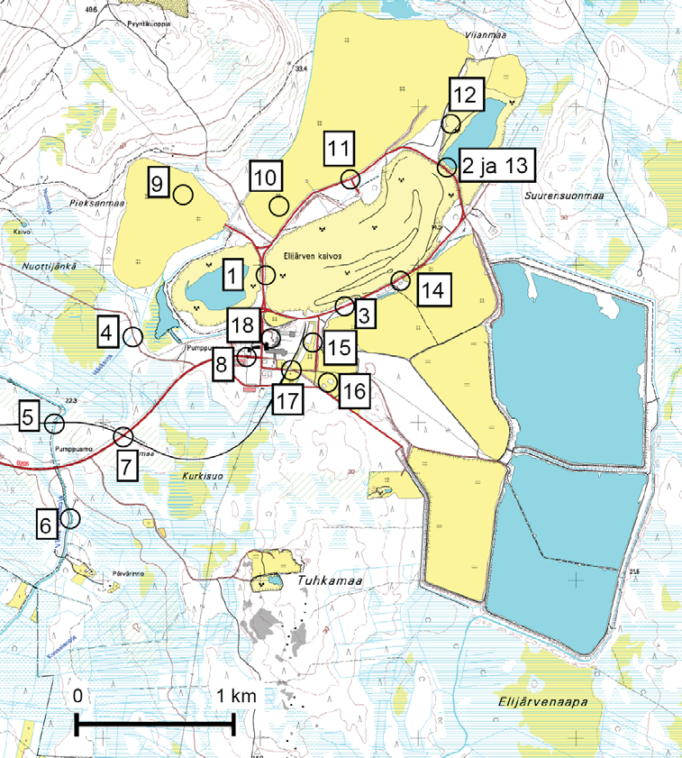 98 Kuva 9-7. Melutason mittauspisteet (Oksanen 2004). Maanmittauslaitos, lupa nro 167/MML/09. Mittauksissa tutkittiin myös louhoksella tehdyn räjäytyksen aiheuttamaa impulssimelun tasoa.