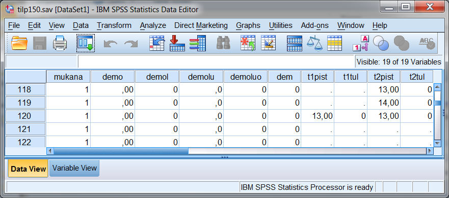 2. Aineiston kuvailua Avaa (File/Open/Data ) aineistoikkunaan tiedosto tilp150.sav.
