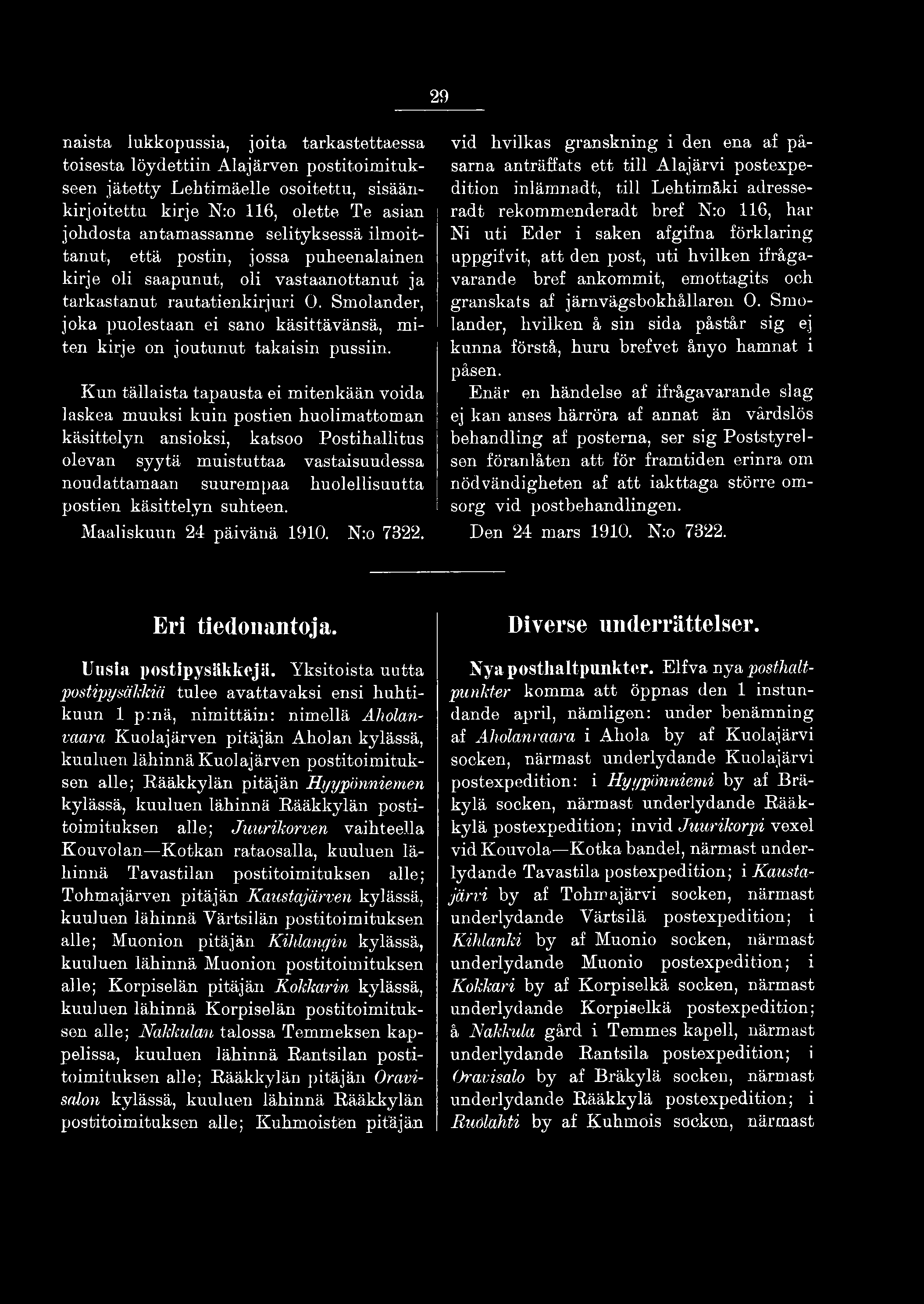 huolellisuutta postien käsittelyn suhteen. Maaliskuun 24 päivänä 1910. N:o 7322.